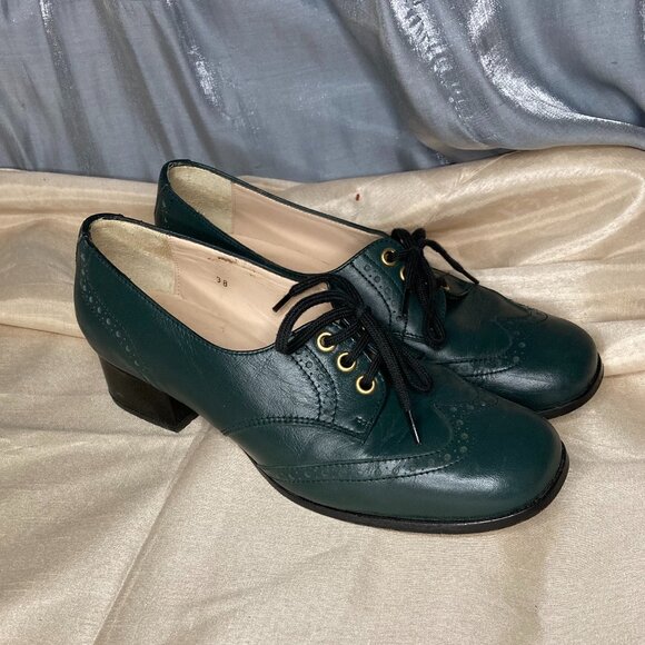retro 70s green brogue block heel shoes (the Aly modshoes) - Picture 1 of 11